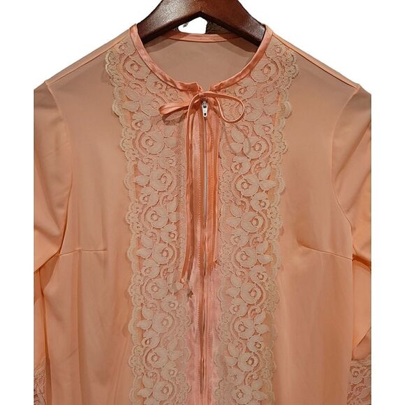 Vintage Union Made ILGWU Peach Pink Ivory Lace House Coat Robe Snowdon M - Picture 2 of 13